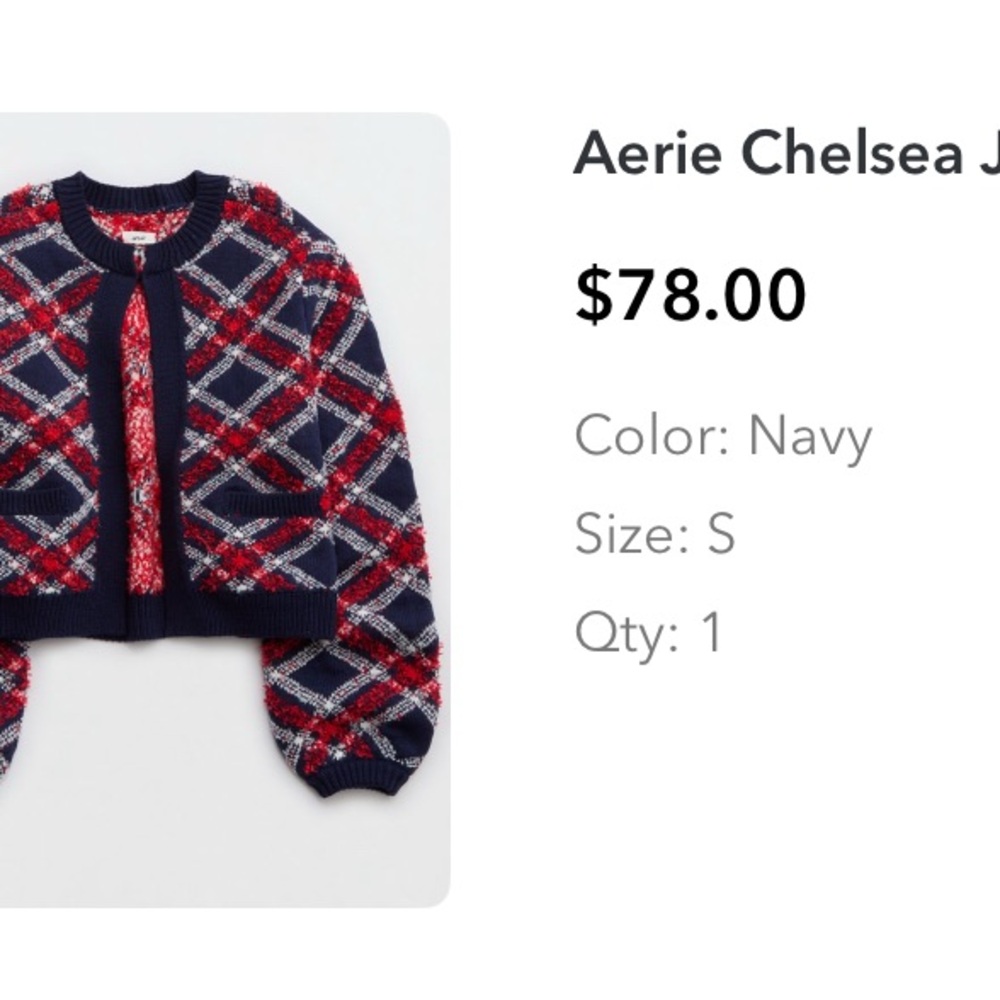 aerie Navy, Red & White Plaid Cropped Knit Jacket